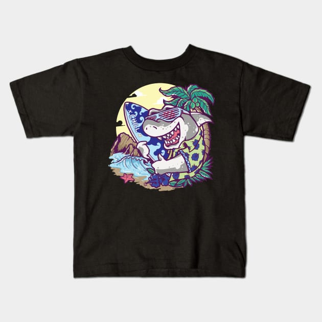 Surfer Shark Kids T-Shirt by shipwrecked2020